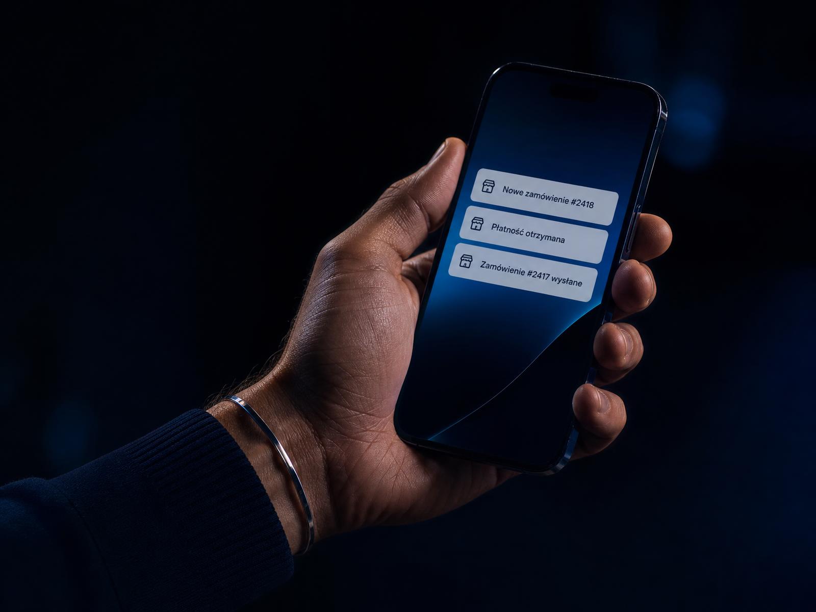 Męska dłoń trzymająca telefon nocą z powiadomieniami o nowych zamówieniach ze sklepu
